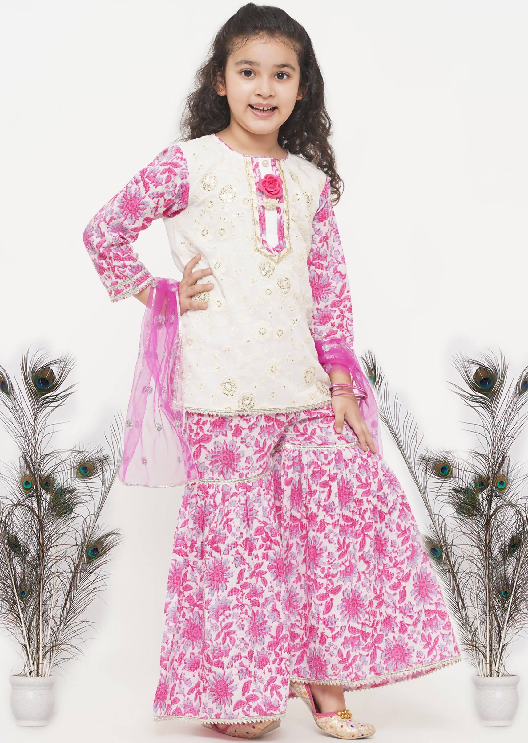 Little Bansi Girls Cotton Embroidery Kurta with Floral Sharara with Dupatta - White & Pink