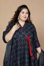 Miravan Women's Plus Size Abstract Printed & Tasseles Angrakha Kurta With Blue Dupatta Set