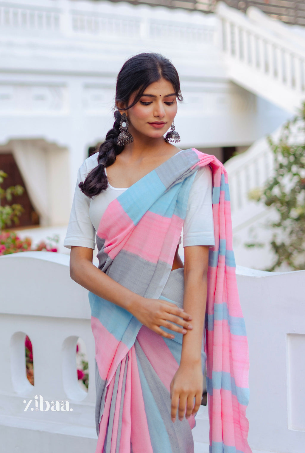 Zibaa Hand-Dyed Mul Cotton Striped Saree with Tassels - Distacart