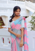Zibaa Hand-Dyed Mul Cotton Striped Saree with Tassels - Distacart