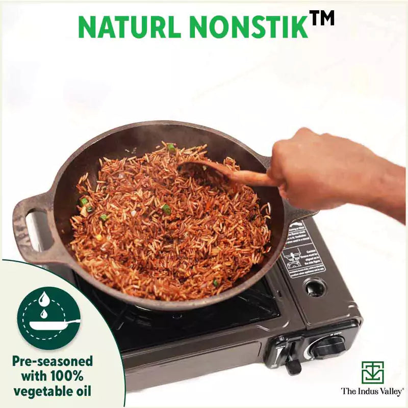 The Indus Valley Super Smooth Cast Iron Kadai,Pre-seasoned, Nonstick, 100% Pure, Toxin-free, Spatula, 25.4cm, 2.5L, 2.4kg