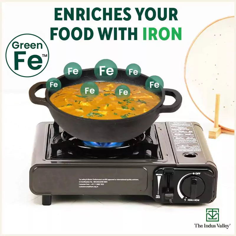 The Indus Valley CASTrong Cast Iron Kadai ,Pre-seasoned, Nonstick, 100% Pure, Toxin-free, Induction, Spatula, 25.4 cm, 2.3L, 2.5kg
