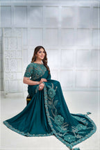 Teal Crepe satin silk Cord & Sequence Embroidered with Applique & Stone work Saree - Mohmanthan Majestica