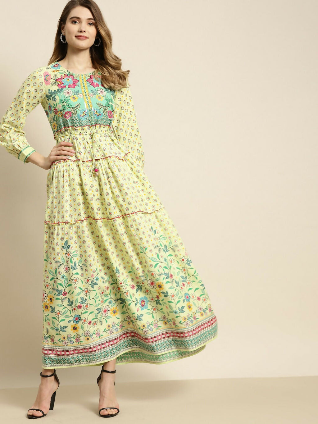Juniper Lime Green Floral Printed Rayon Maxi Dress With Dori Tie-Up & Tassels On Waist - Distacart