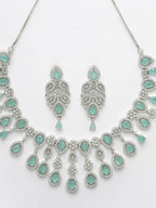 NVR Women Silver Plated & Turquoise Cz Stone Handcrafted Jewellery Set