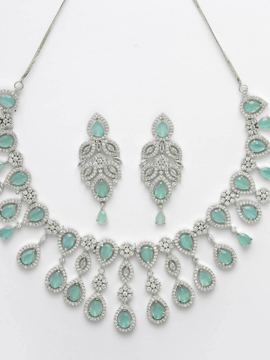 NVR Women Silver Plated & Turquoise Cz Stone Handcrafted Jewellery Set