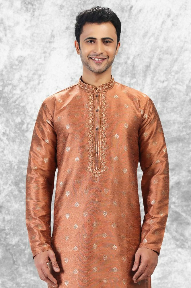 Raivat Ethnic Jacquard Silk Brocade Thread Work Kurta Pajama In Rust Brown Colour
