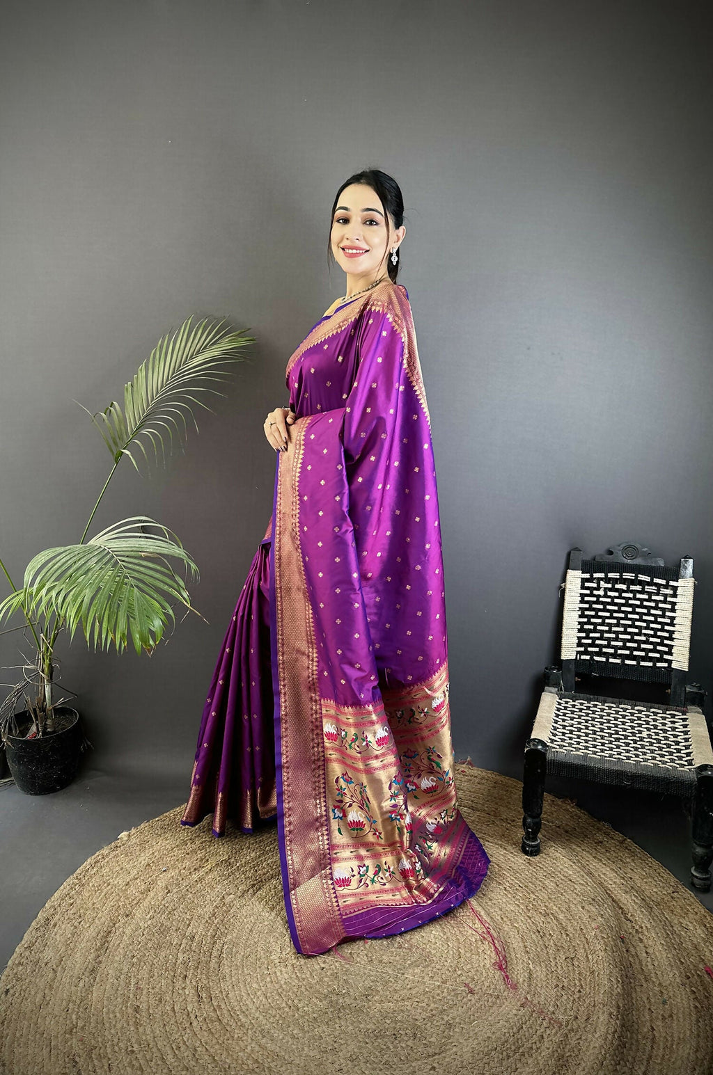 Joban Fashion Purple Butti Woven Soft Lichi Silk Paithani Saree - Distacart