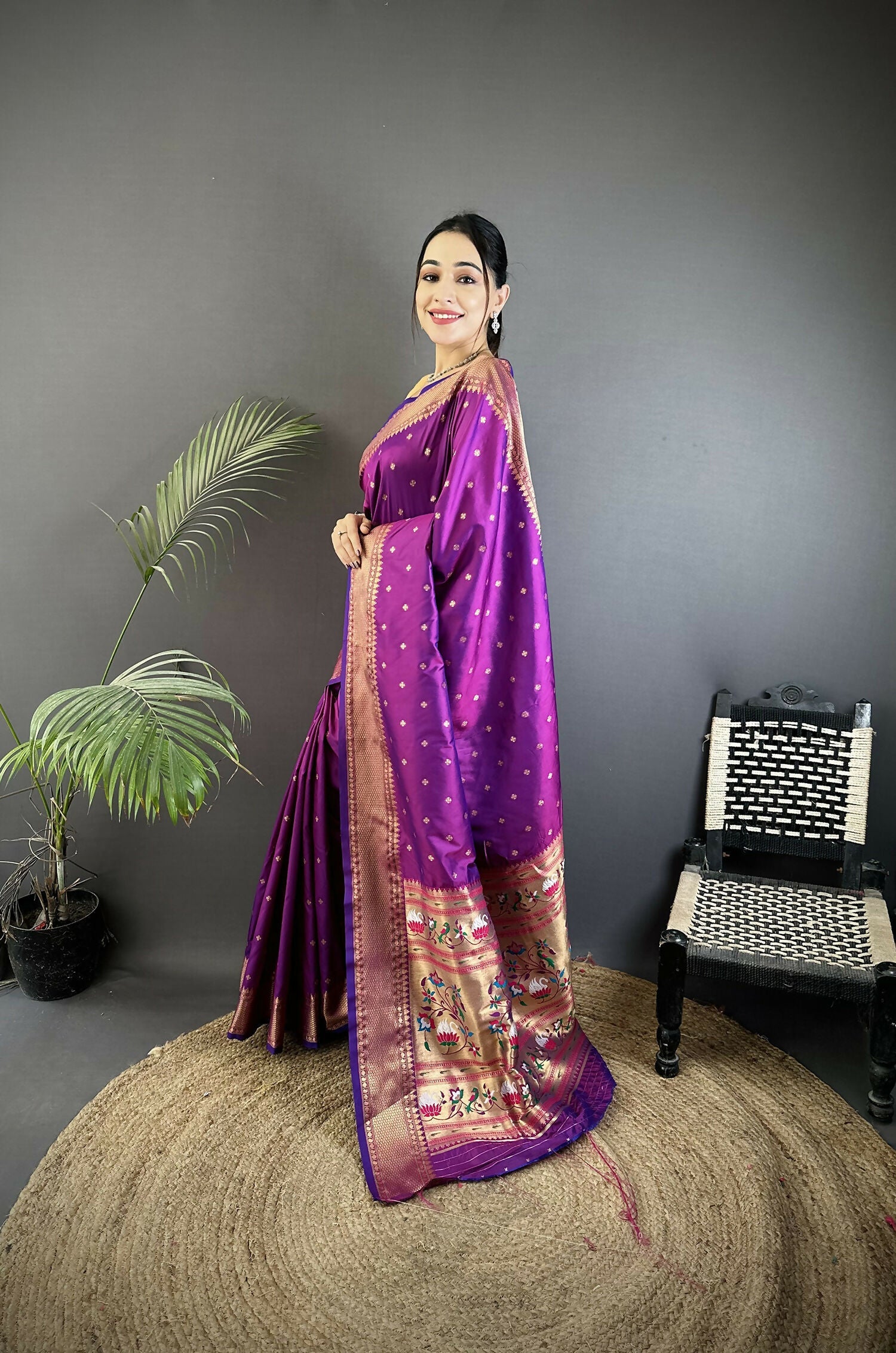 Joban Fashion Purple Butti Woven Soft Lichi Silk Paithani Saree - Distacart