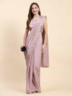 Pink Silk Satin Solid Ready to wear Saree with stitched Blouse - Satiksha