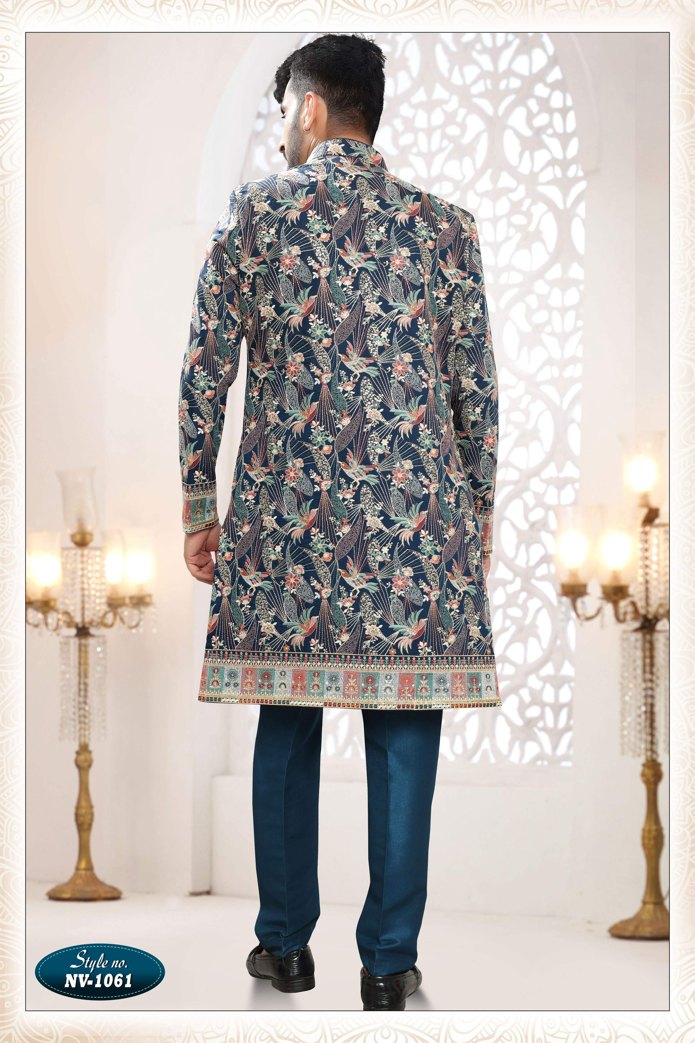 Joban Fashion Men's Blue Straight Silk Thread And Sequence Embroidery All Over 3 Pc Kurta Set