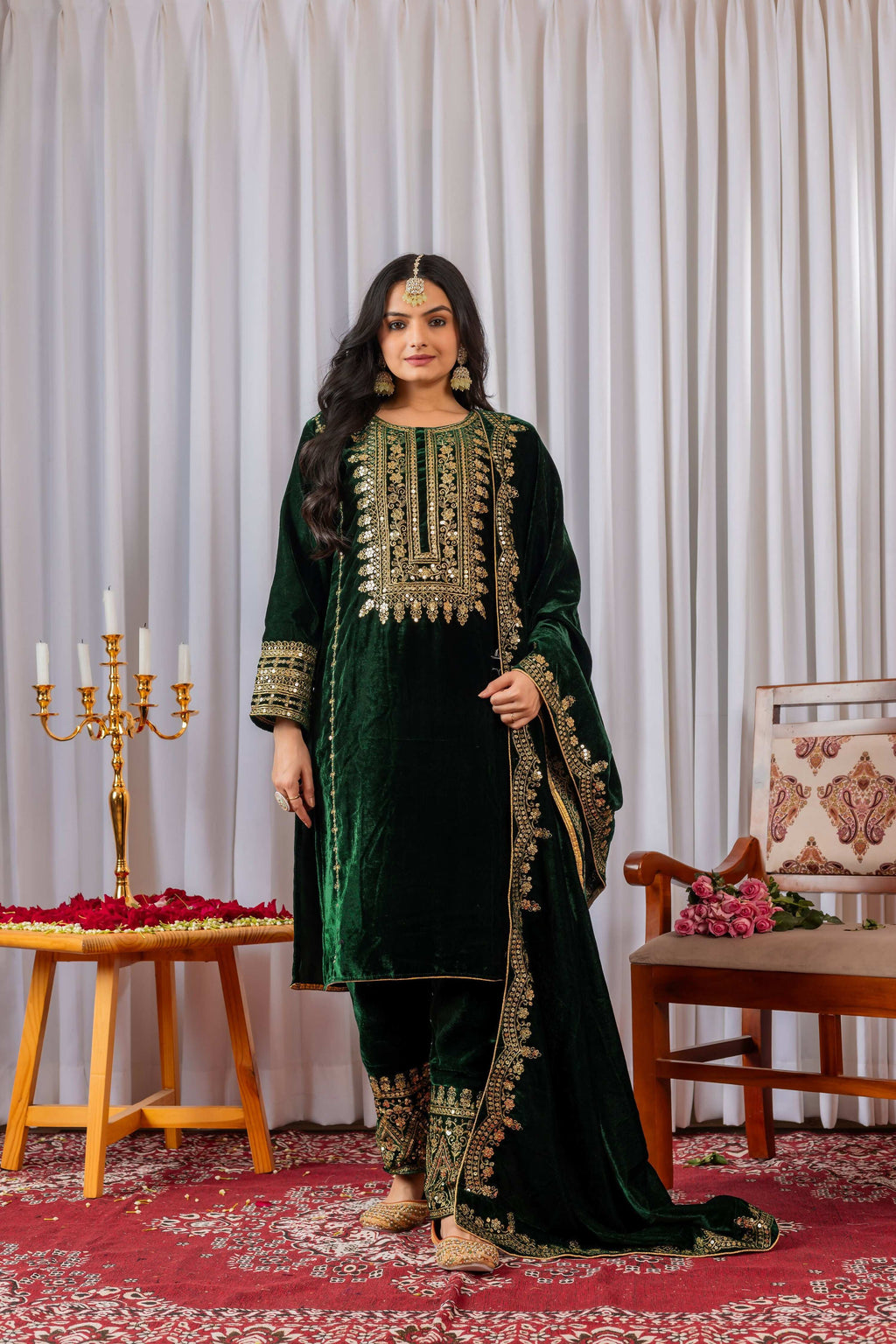 Teeya Creation Green Color Velvet Designer Embroidery Work party Wear Suit - Distacart
