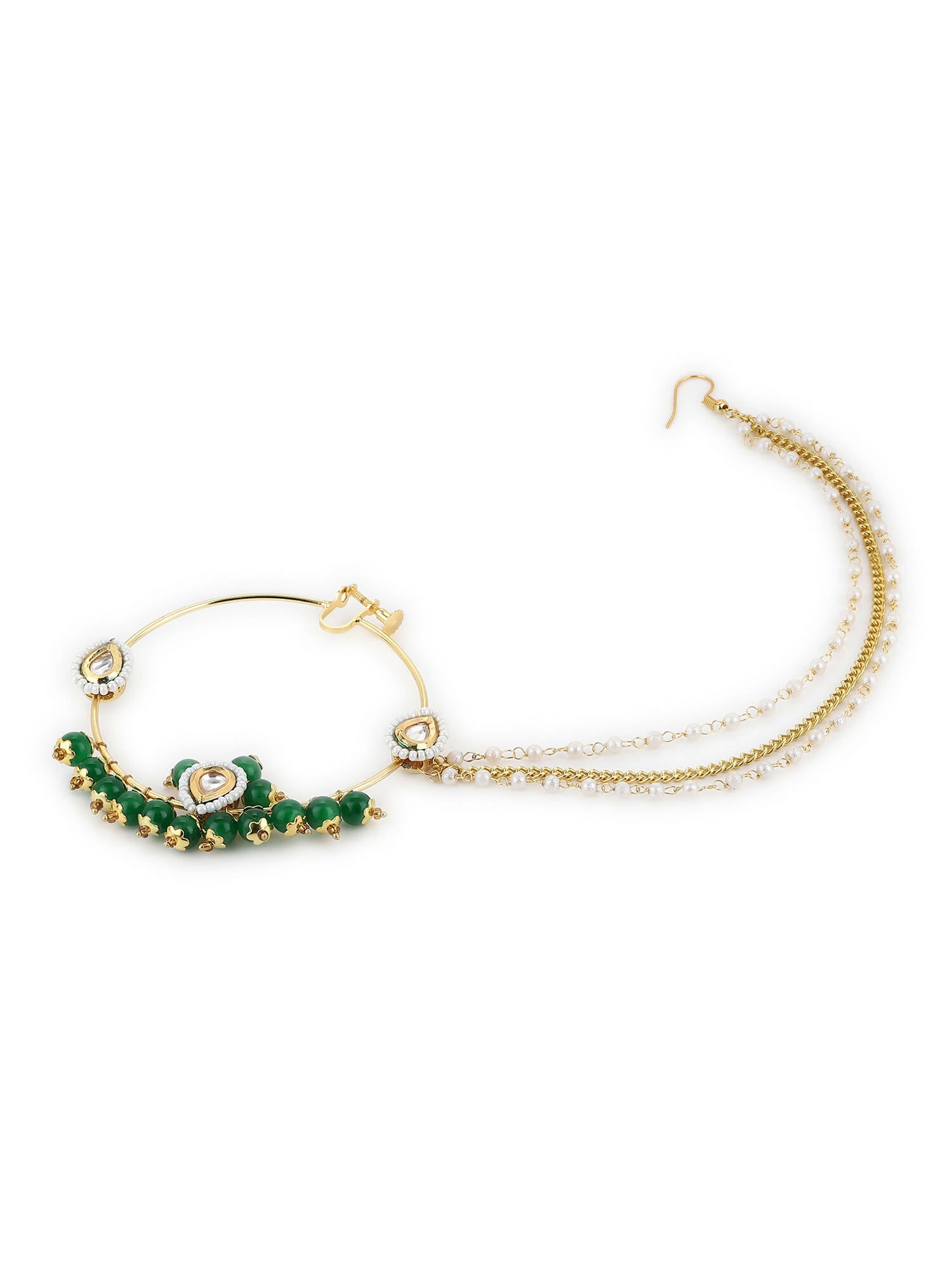 Gold-Plated White Green Kundan-Studded Pearl Beaded Nosepin - Ruby Raang - Distacart