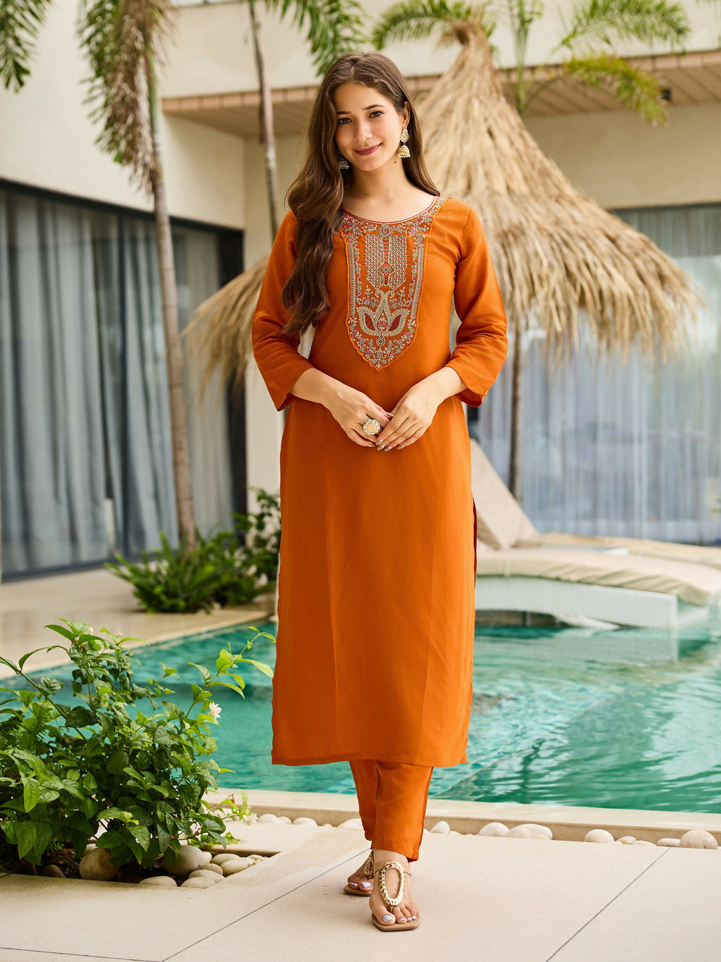The52 Rust Women's Gorgeous Embroidered work Rayon Fabric Straight Kurta, Pant and Dupatta Set - Distacart