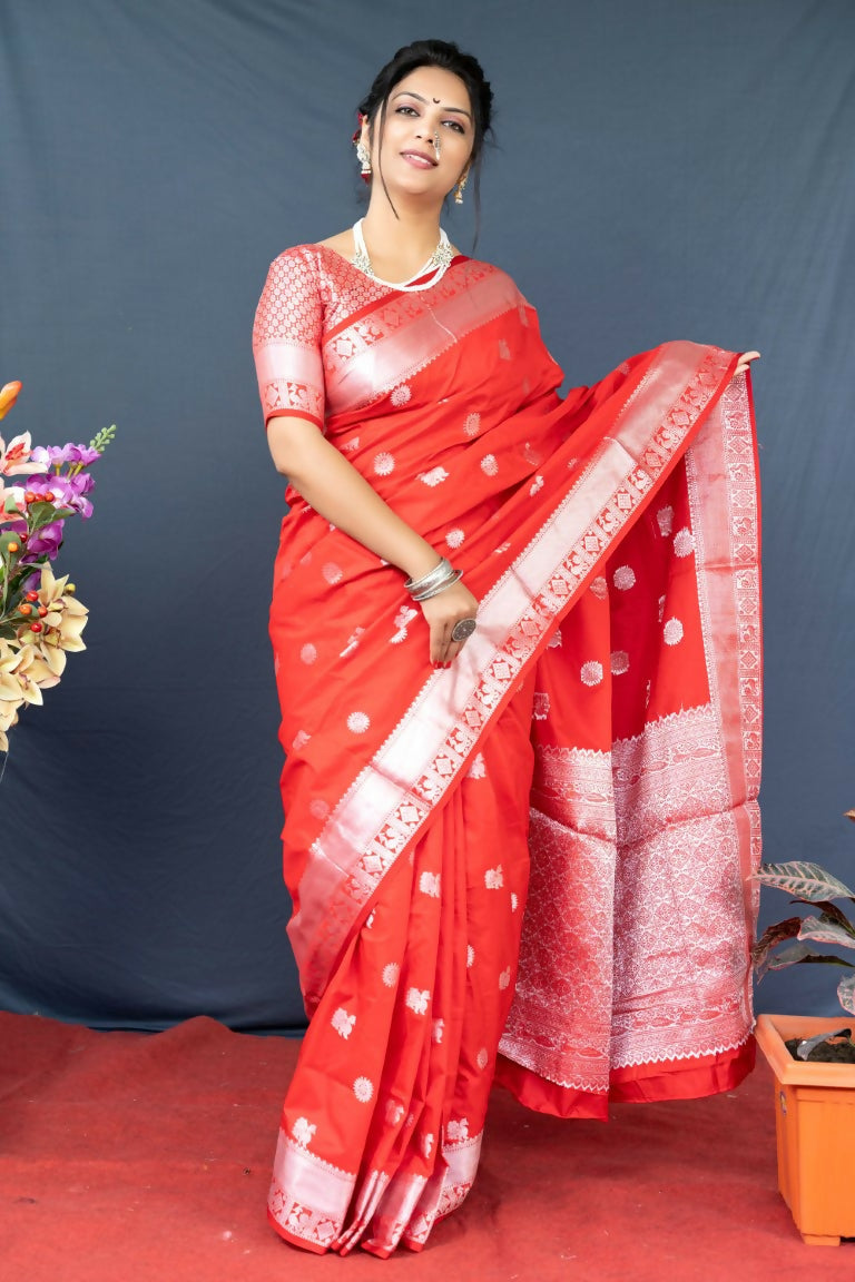 Jyoti Fashion Women's Red Soft Banarasi Silk Zari Woven Saree with Blouse