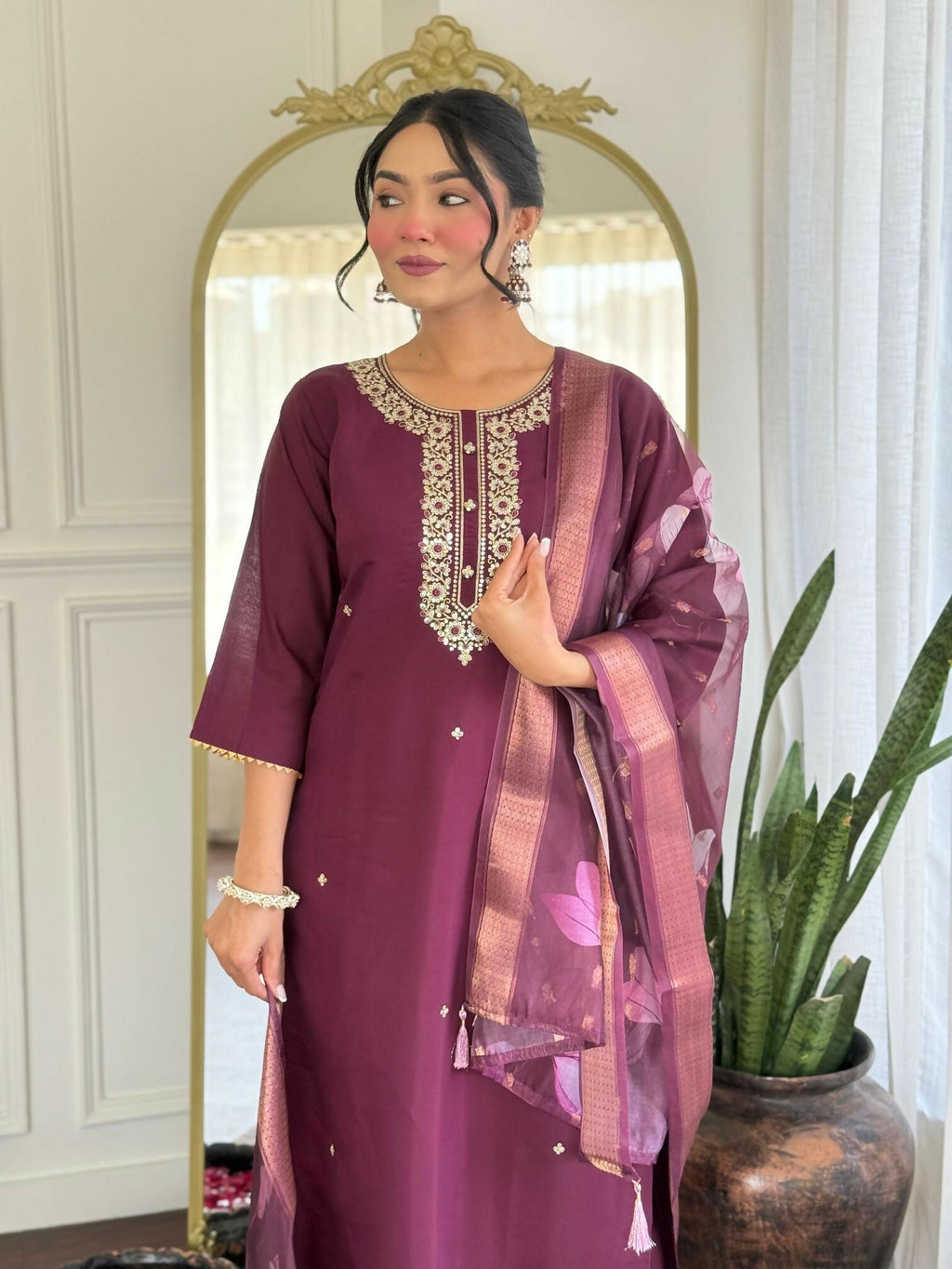 The52 Wine Women's Gorgeous Rayon Fabric Embroidered Work Straight Kurta Pant and Dupatta Set - Distacart
