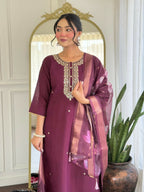The52 Wine Women's Gorgeous Rayon Fabric Embroidered Work Straight Kurta Pant and Dupatta Set - Distacart