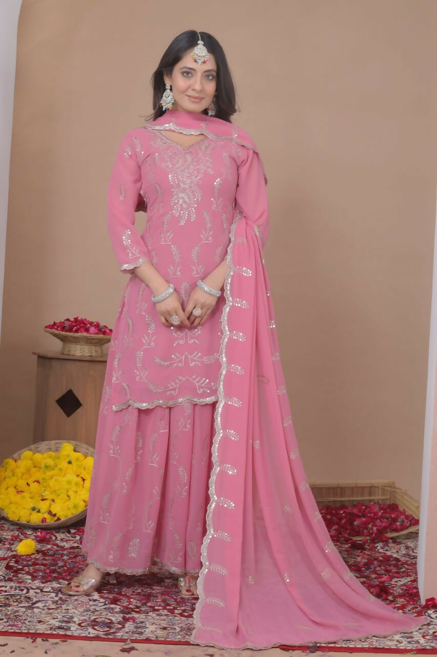 Teeya Creation Baby Pink Color Faux Georgette Wedding Wear Trending Palazzo Set - Distacart