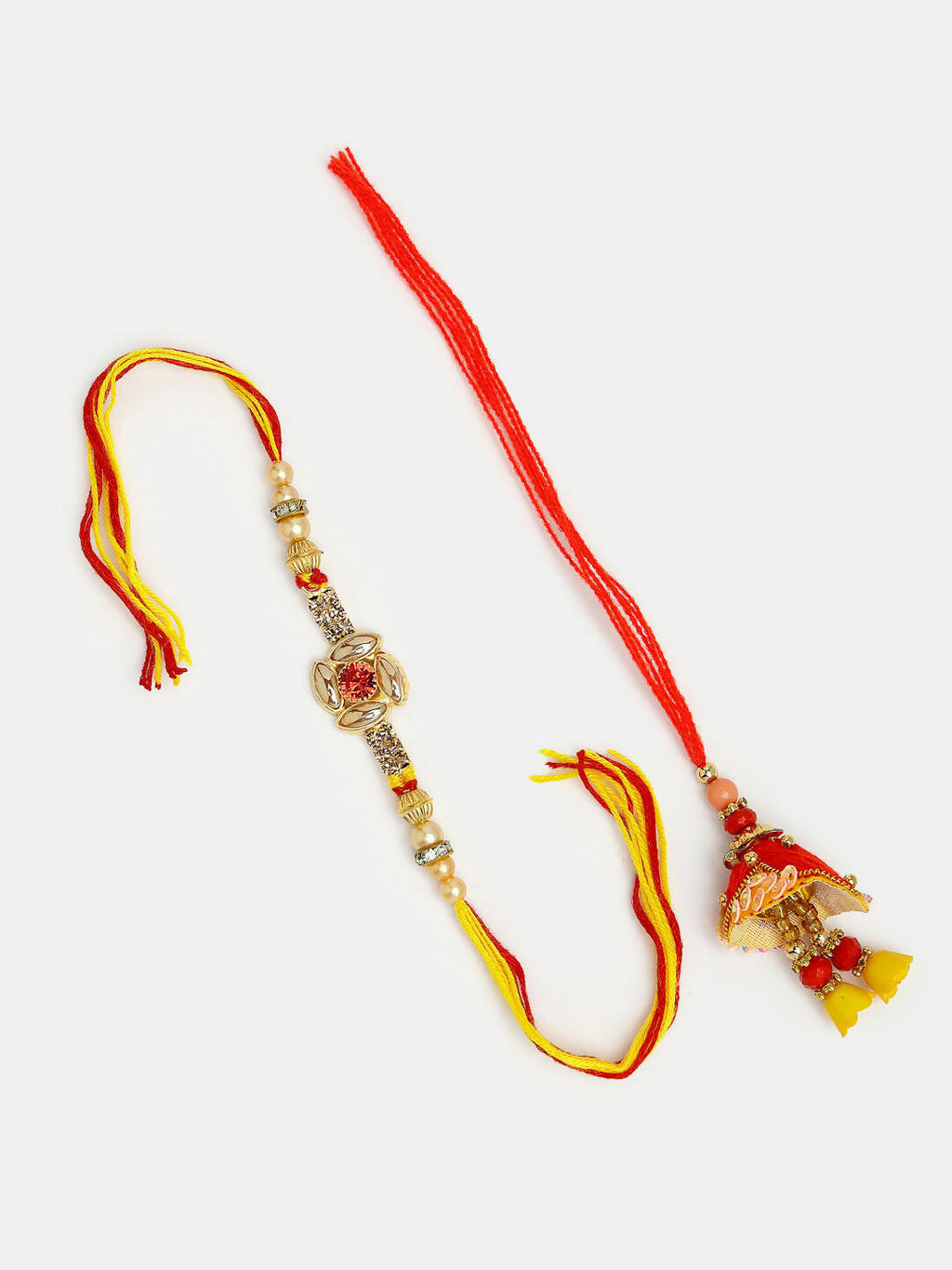 NVR Women & Men Set of 2 Red & Gold-Toned Stone-Studded Bhaiya Bhabhi Rakhi With Roli Chawal & Chocolate - Distacart