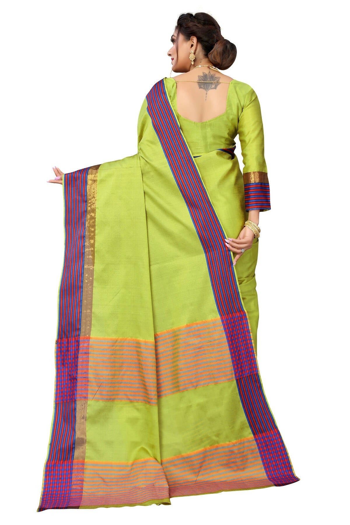 Vamika Ethnic Fire Parrot Green Cotton Silk Saree - Distacart