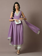 Myshka Women's Lavender Solid Georgette Anarkali Party Kurta Set With Dupatta
