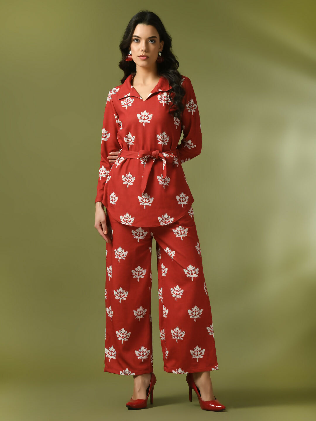 Myshka Women's Rust Printed Polo Collar Party Top With Trousers Co-ord set