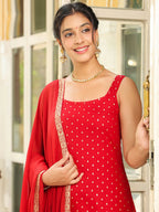 Janasya Maroon Rayon Foil Print Kurta,Bottom & Dupatta