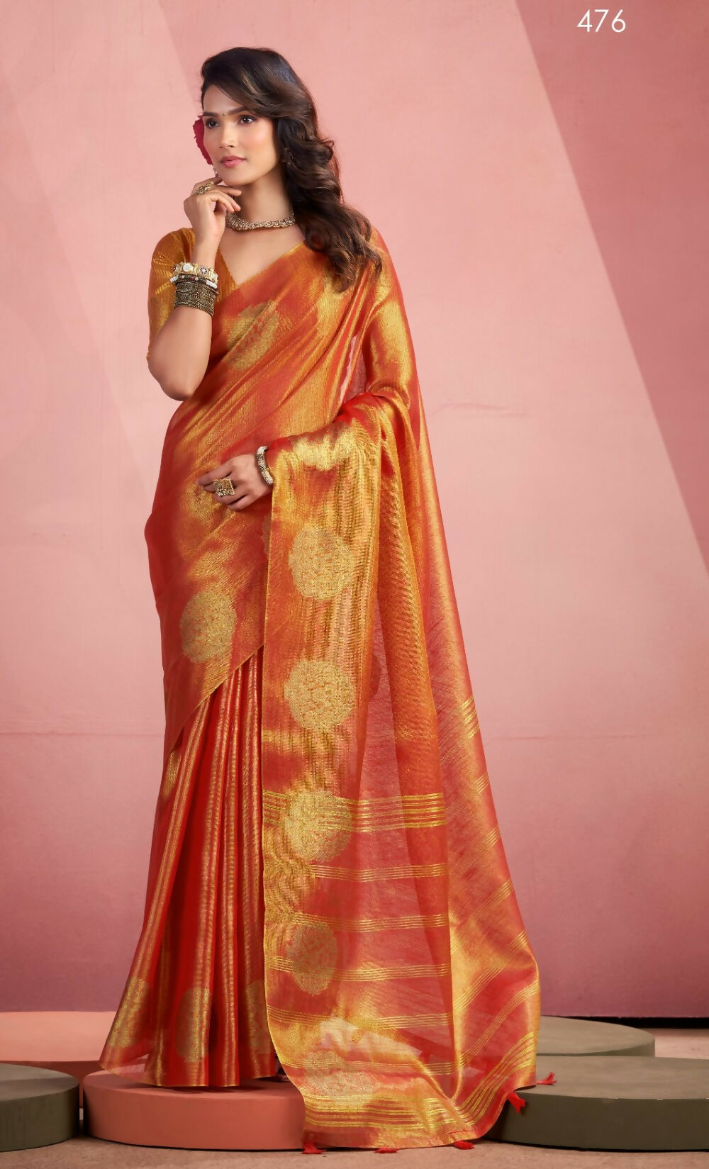 Anaita Orange Silk Tissue Zari Weaving Work Saree With Blouse Piece - Distacart