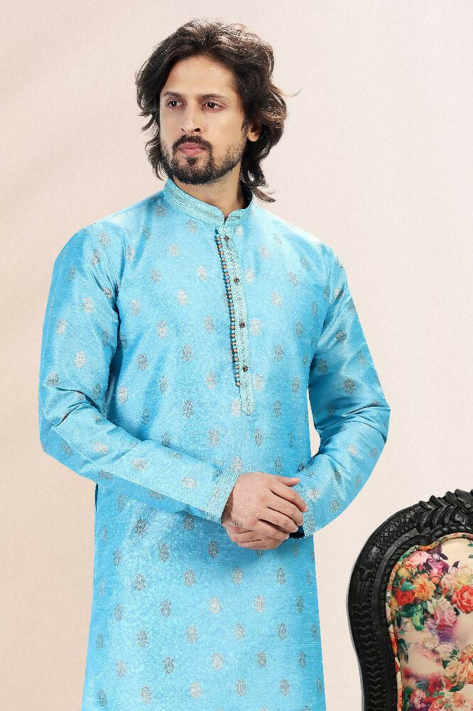 Raivat Ethnic Jacquard Banarasi Silk Pintux Work Kurta Pajama In Blue Colour