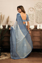 Joban Fashion Cream & Blue Striped Linen Ready To Wear Saree With Unstitched Blouse - Distacart