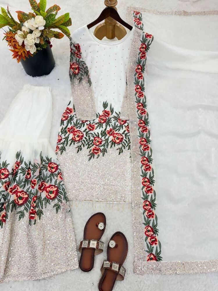 Teeya Creation White Fendy Silk Heavy Embroidery Work Party Wear Sharara Suit - Distacart