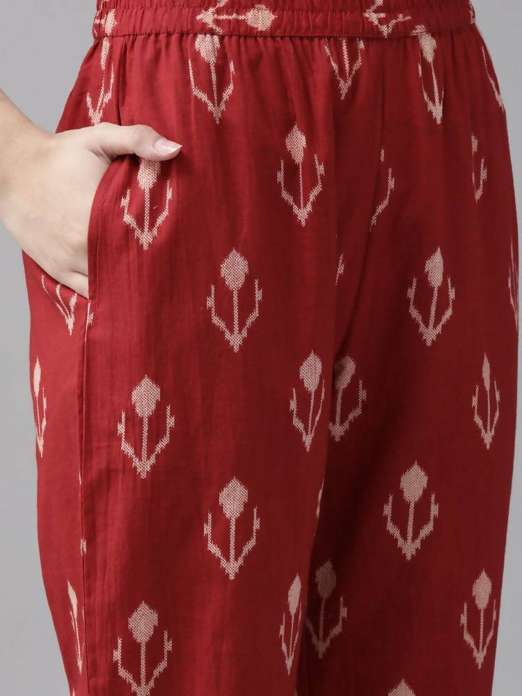 Yufta Maroon & Beige Ethnic Motifs Screen Print Cotton Straight Kurta Palazzo & Dupatta