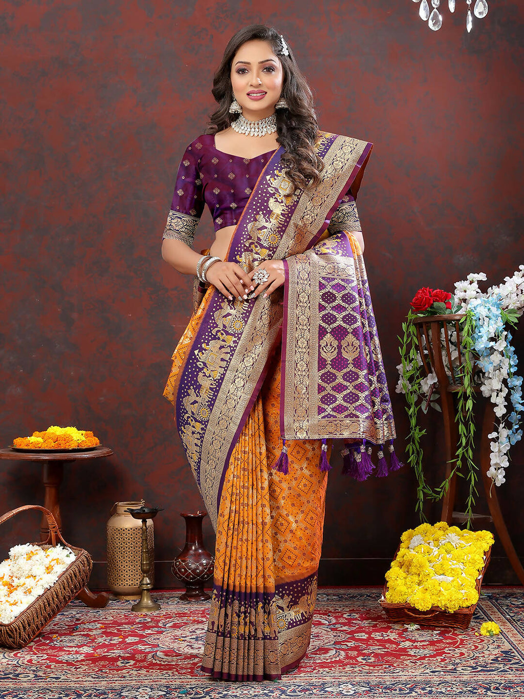 Lorenvalley Fashion Orange & Wine Patola Silk Woven Design Meenakari Weaving Saree