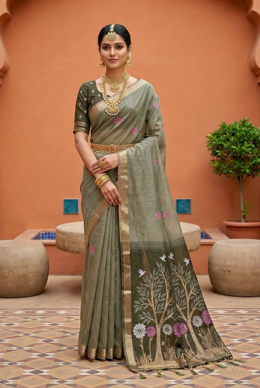 Vastranavya Grey Muga Cotton Meenakari & Azarakh Pallu Saree with Contrast Blouse - Distacart
