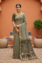 Vastranavya Grey Muga Cotton Meenakari & Azarakh Pallu Saree with Contrast Blouse - Distacart