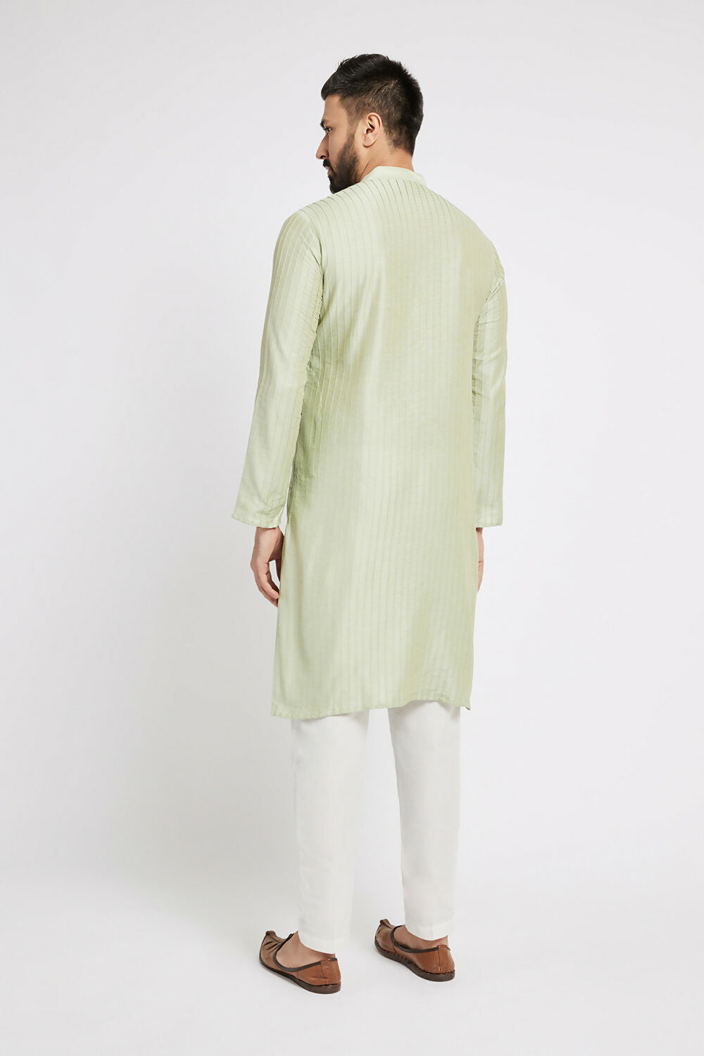 Ethnic India Green Men's Kurta Striped Polyester