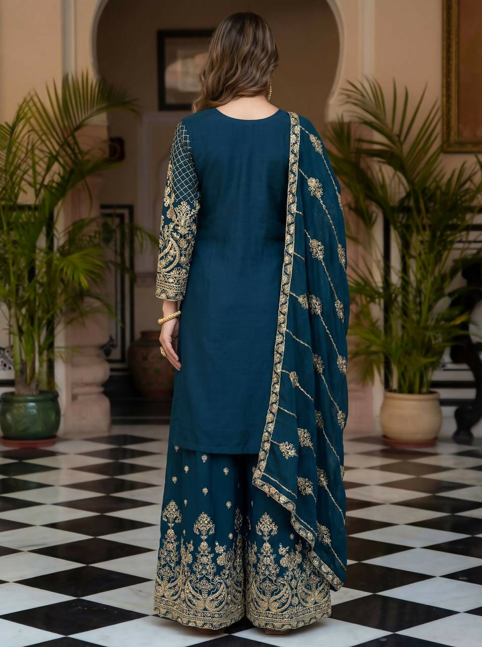 Joban Fashion Teal Silk Embroidered Sharara Set - Distacart