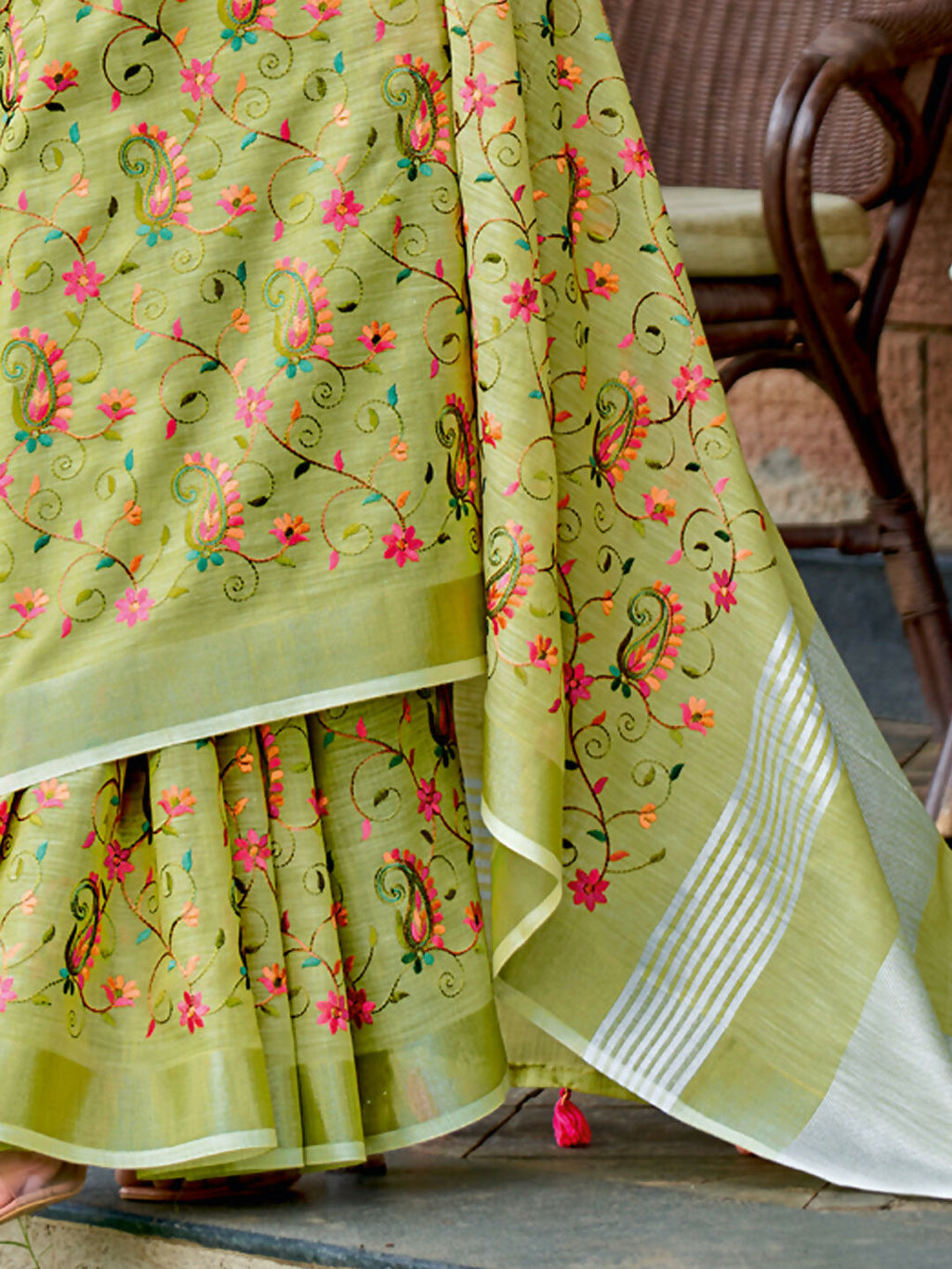 Shree Shyam Fashion Linen Yellow Green Saree - Distacart