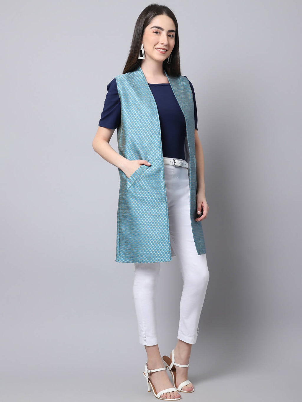 Even Apparels Blue Bansari Silk Open Front Women's Long Coat - Distacart