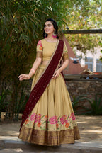 Vastranavya Stunning Cotton Silk Thread Embroidery Work Lehenga Choli - Cream