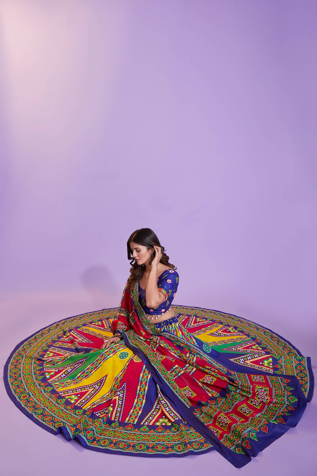 Multi Color Pure Cotton Hand Block Print Navratri Lehenga Choli with Dupatta - Raas