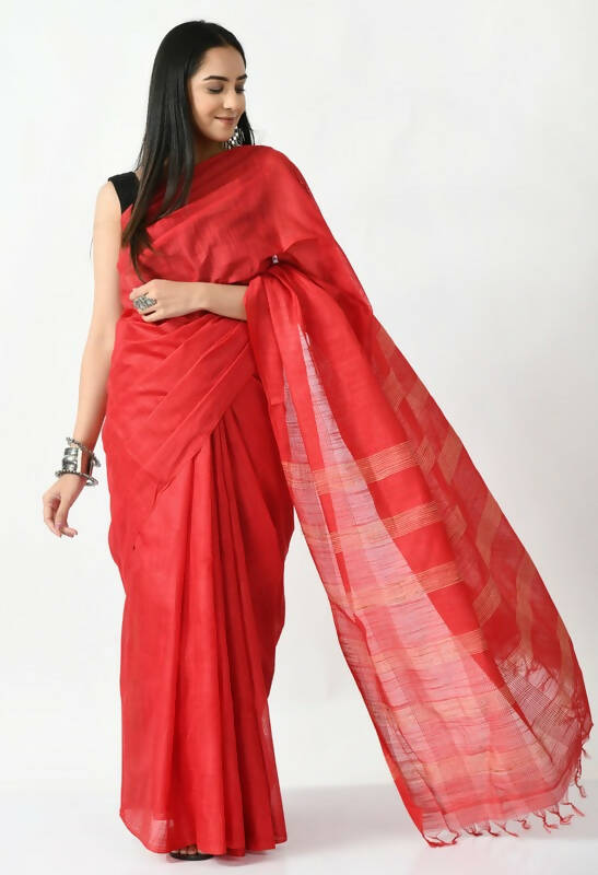 Mominos Fashion Moeza Red Bhagalpuri Handloom 8 Line Ghichha Silk Saree with unstitched Blouse piece - Distacart