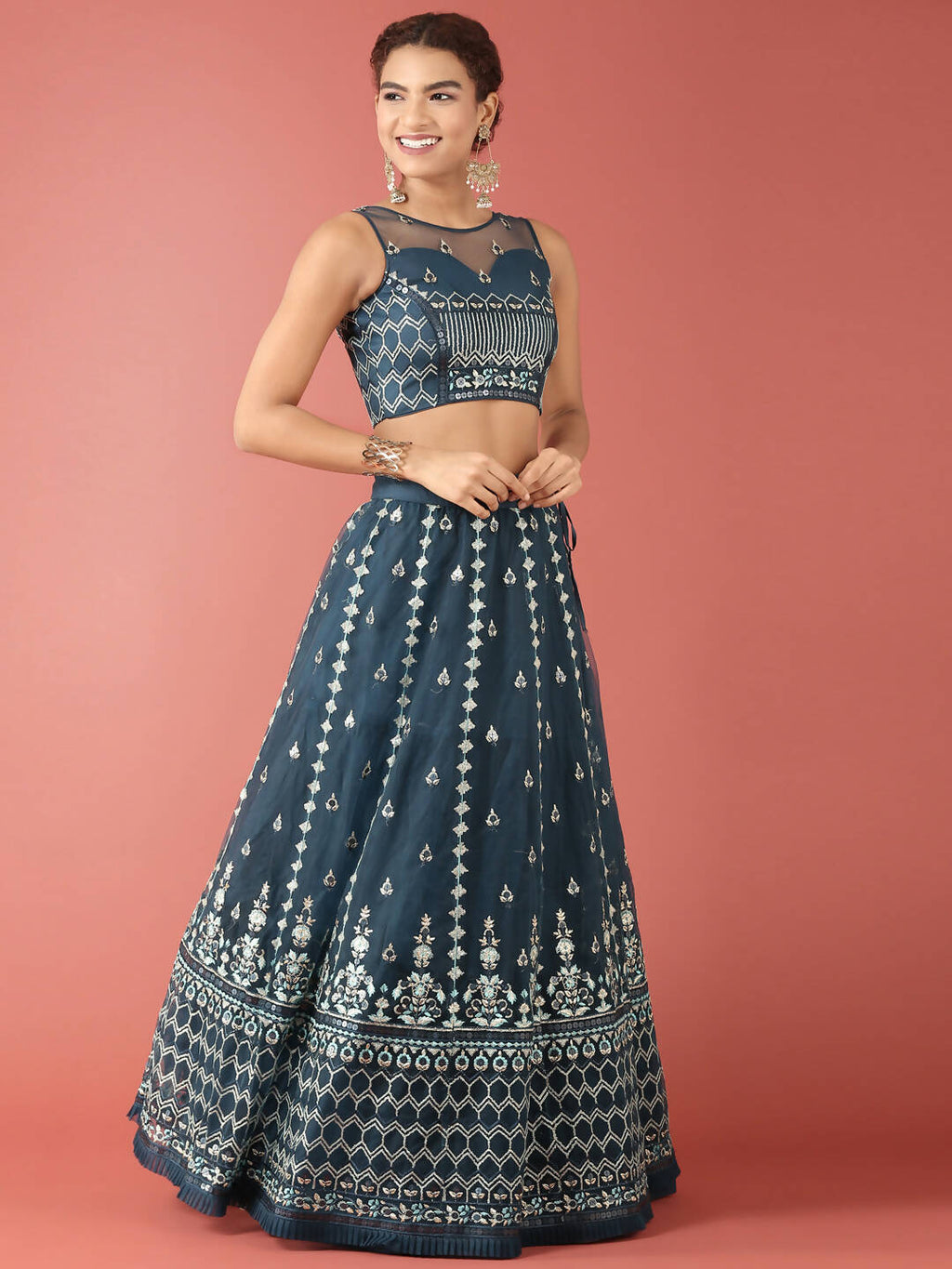 House of Panchhi Navy Blue Net Sequinse Work Lehenga & Blouse, Dupatta