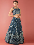 House of Panchhi Navy Blue Net Sequinse Work Lehenga & Blouse, Dupatta
