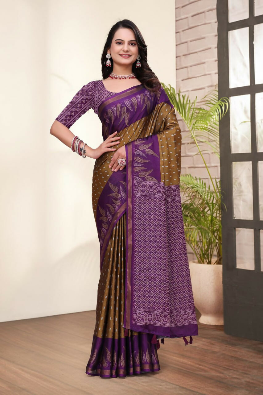 Prime Volt Mal Cotton Mustard Purple Ethnic Printed Saree with Designer Blouse Piece - Distacart