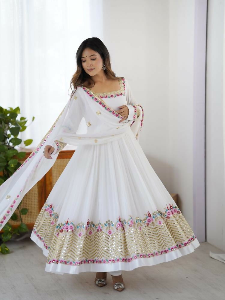 Joban Fashion White Georgette Sequence Embroidery Work Readymade Kurta Set - Distacart