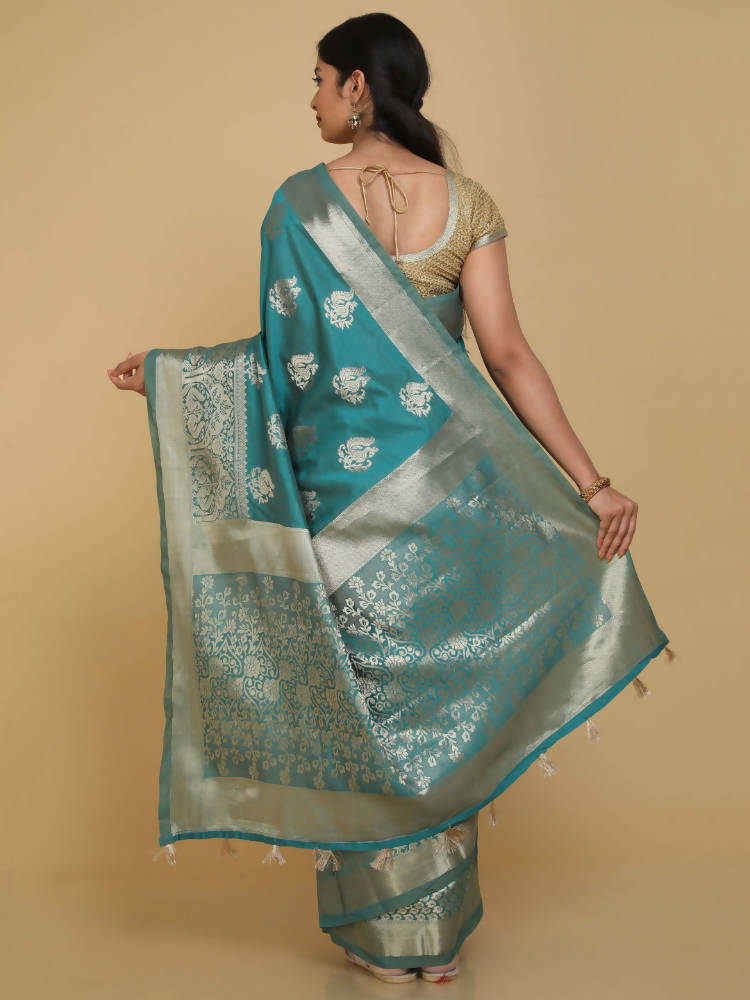 Kalamandir Peacock Print Sea Green Silk Blend Saree