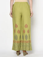 Aniyah Rayon Parrot Green Color Block Print Flared Slip-On Palazzo (AN-196K)