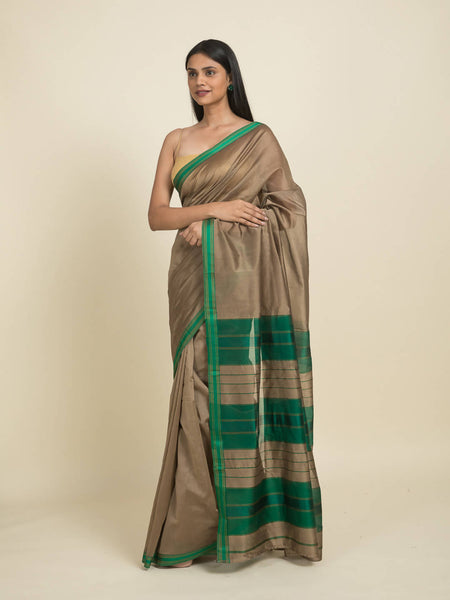 Suta Brown Green Zari Silk Cotton Maheshwari Saree