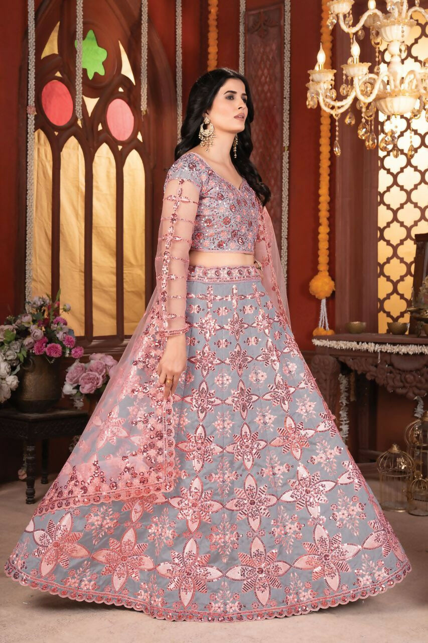 Eilara Grey And Peach Mulberry Silk Lehenga With Thread Sequins Embroidery Work